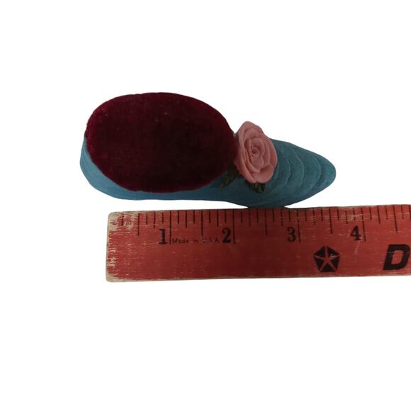 Mini Victorian Blue Shoe Pin Cushion Pink Rosette Sewing Collectible Vintage - Picture 9 of 9